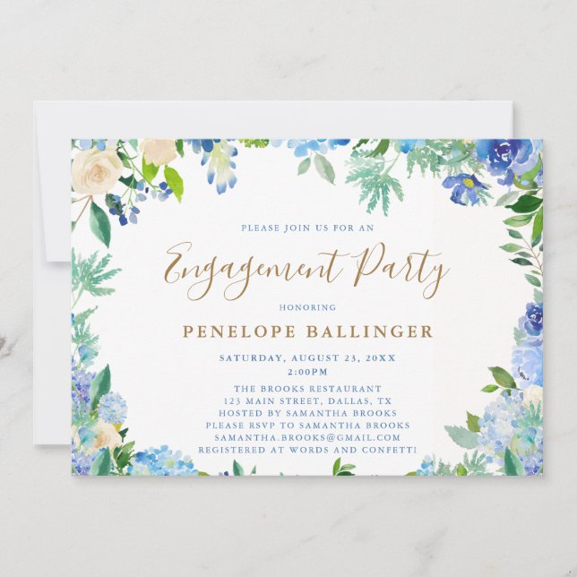 Invitation Élégant script floral Dusty Blue Engagement Party (Devant)