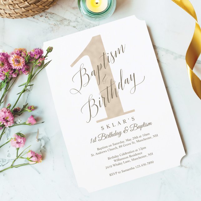 Invitation Élégant Script Gold Baby's 1st Birthday & Baptism (Elegant Script Rose Baby's 1st Birthday & Baptism Invitation)