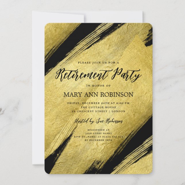 Invitation Élégant Script Gold Brush Retraite Party (Devant)