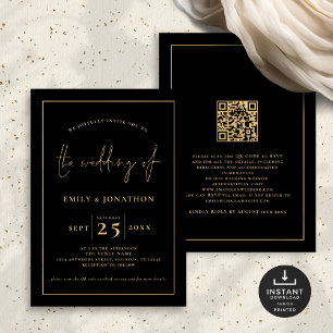 Invitation Élégant Script Line QR Code Black Gold Mariage