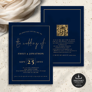 Invitation Élégant Script Line QR Code Marine Blue Gold Maria