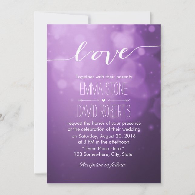 Invitation Élégant Script Love Purple Lights Mariage moderne (Devant)