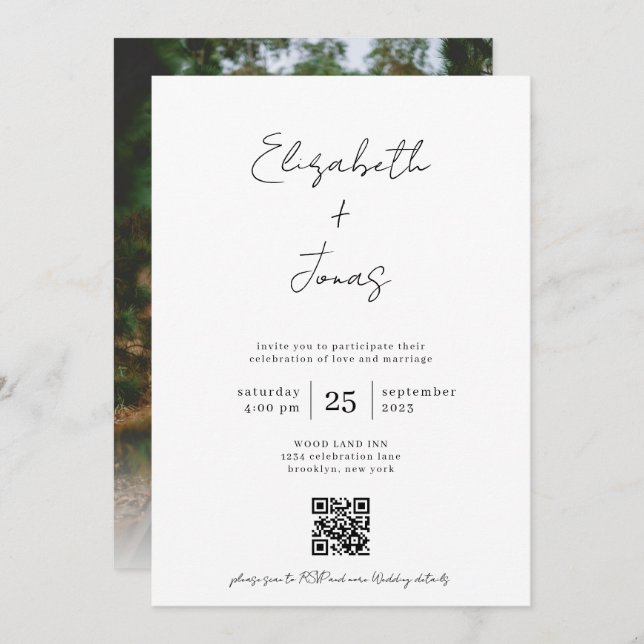 Invitation Élégant script manuscrit photo QR Code Mariage (Devant / Derrière)