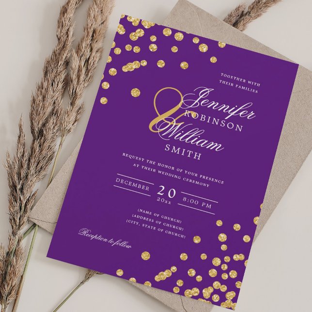 Invitation Élégant Script Mariage Gold Confetti violet (Elegant Script Wedding Gold Confetti Purple Invitation)