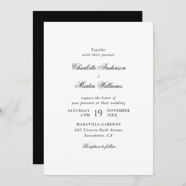 Invitation Élégant script Mariage noir et blanc (Devant / Derrière)