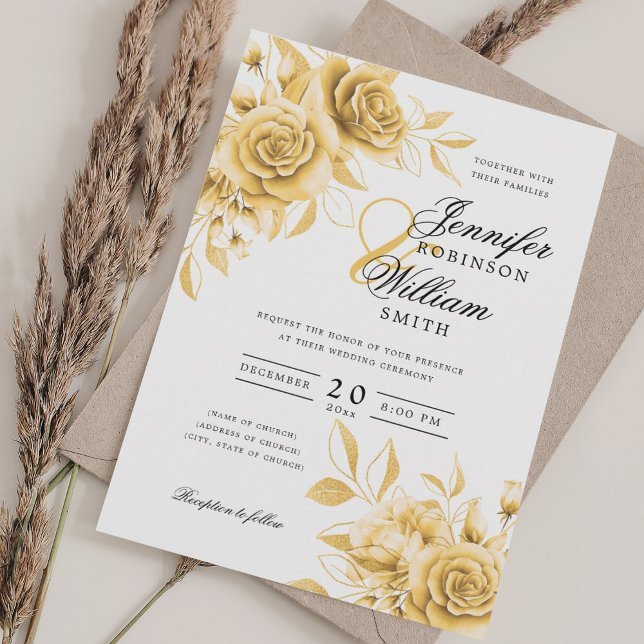 Invitation Élégant Script Mariage or Floral avec QR RSVP (Elegant Script Wedding Gold Floral w/ QR RSVP Invitation)