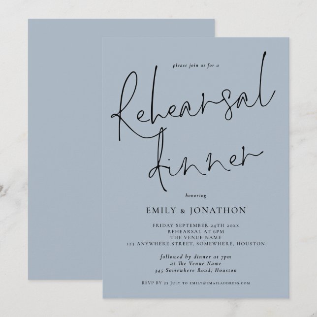 Invitation Élégant Script Mariage Répétition Dîner Dusty Blue (Devant / Derrière)