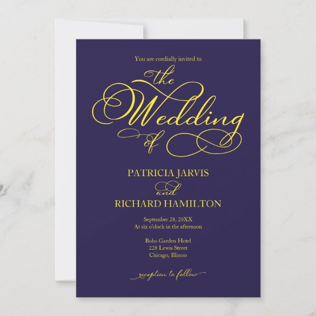 Invitation Élégant Script Marine bleu Jaune Mariage (Devant)
