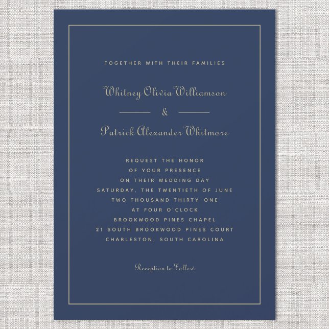 Invitation Élégant Script Marine Bleu Or Formal Chic Mariages (Elegant Script Navy Blue Gold Formal Chic Weddings Invitation)