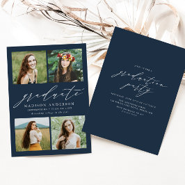 Invitation Élégant Script Navy 4 Photo Graduation Party