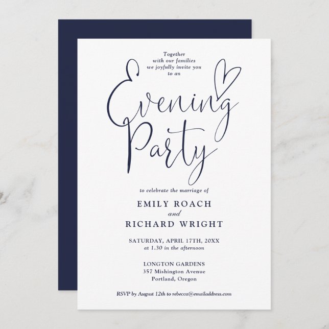 Invitation Élégant Script Navy Blue Mariage Soirée (Devant / Derrière)