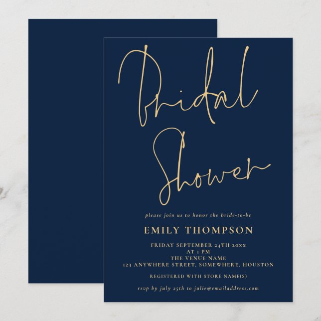 Invitation Élégant Script Navy Fête des mariées bleue or (Devant / Derrière)