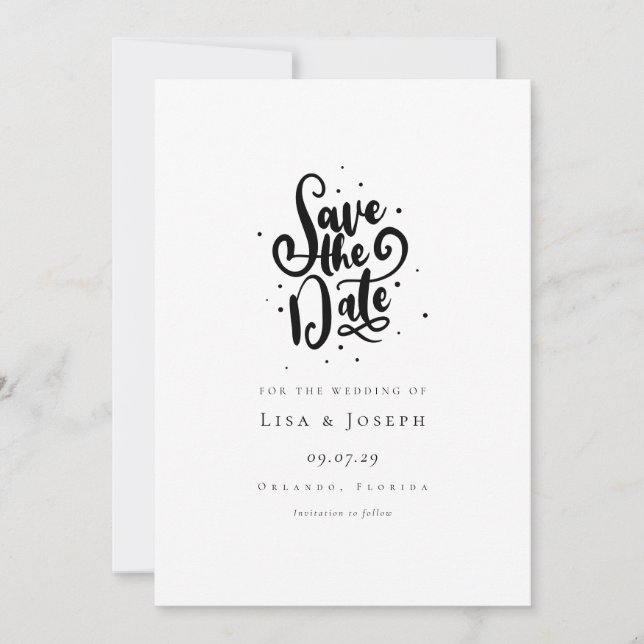 Invitation Élégant Script Noir et Blanc Save the Date (Devant)
