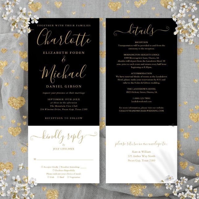 Invitation Élégant Script Noir Et Or Tout En Un Mariage (Elegant Black And Gold Script All In One Wedding Invitation)