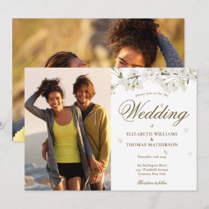 Invitation Élégant script or Blancs Blossom 2 Photo