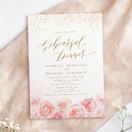 Invitation Élégant script or blush floral répétition dîner