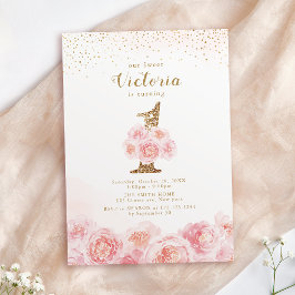 Invitation Élégant script or & floral blush 1er anniversaire