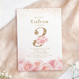 Invitation Élégant script or & floral blush 3e anniversaire