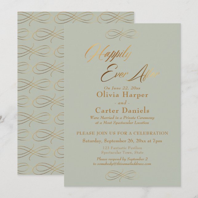 Invitation Élégant Script Or Heureux Jamais Après, Sage Green (Devant / Derrière)