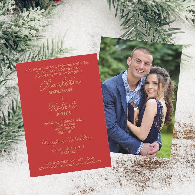 Invitation Élégant Script Or Mr Et Mrs Photo Mariage Rouge (Front And Back)