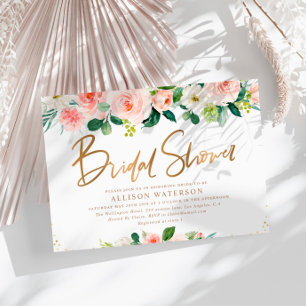 Invitation Elégant script or rose & blush douche nuptiale