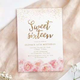 Invitation Élégant script or & sweet sixteen floral roux