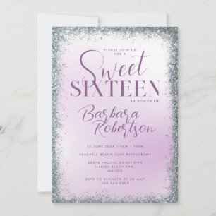 Invitation Elégant Script Pailleté Argent Violet Sweet Seize