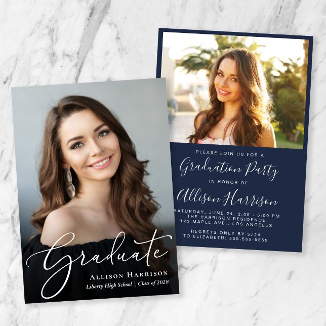 Invitation Élégant Script Photo Blue Graduation Party (An elegant photo graduation party invitation to celebrate the graduate's achievements)
