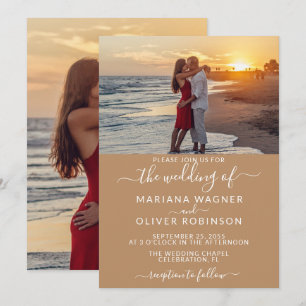 Invitation Élégant Script Photo Boho Mariage Tan Beige