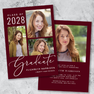 Invitation Élégant script photo Burgundy Graduation Party