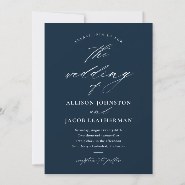 Invitation Élégant script photo Mariage bleu marine (Devant)