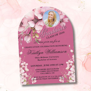 Invitation Élégant Script Photo Pink Graduation Party Arch