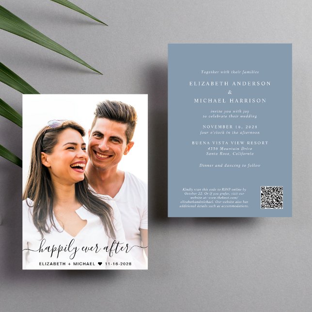 Invitation Élégant Script Photo QR Code Dusty Blue Mariage (Elegant all-in-one wedding invite featuring your photo + a QR code linked to your wedding website)