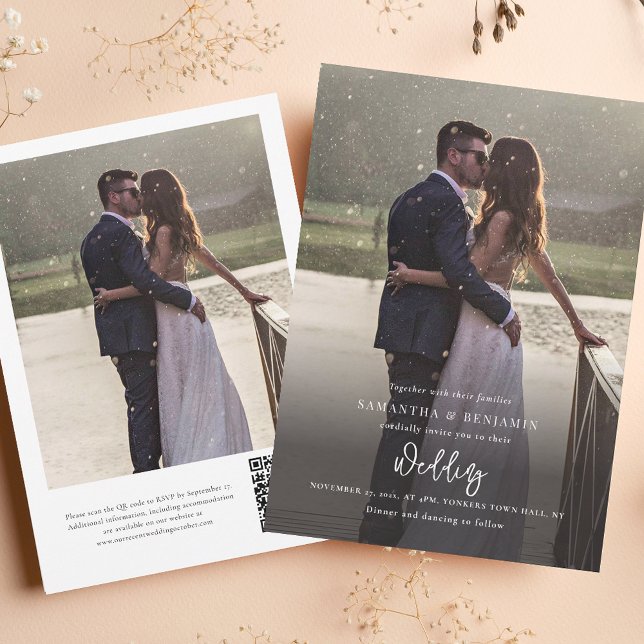 Invitation Élégant script photo tout en un Mariage (Modern Photo Script Wedding Invitation with RSVP QR Code)