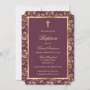 Invitation Élégant Script Purple et or Floral Girl Baptism