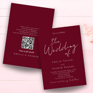 Invitation Elegant Script QR Code Burgundy White Wedding