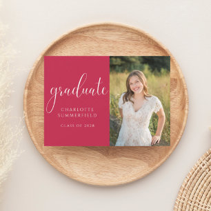 Invitation Élégant Script Red Graduation Photo