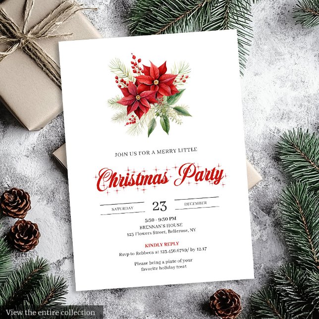 Invitation Elegant Script Red White Poinsettia Christmas  (Elegant Script Red White Poinsettia Christmas Invitation)