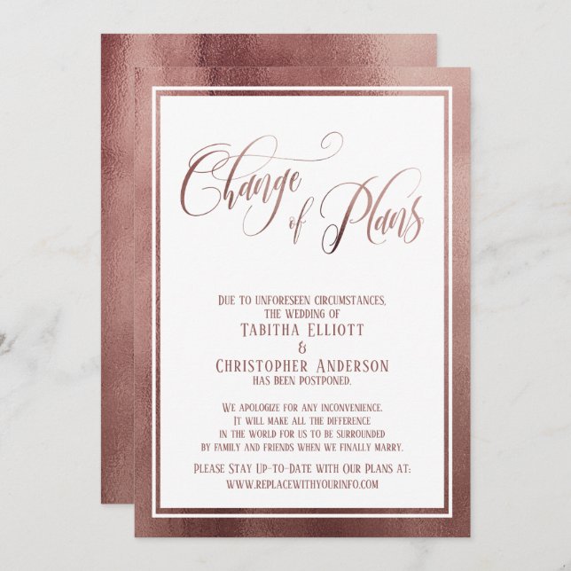 Invitation Elégant Script Rose Gold Postpond Mariage Card (Devant / Derrière)