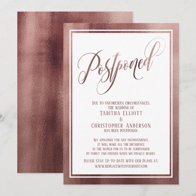 Invitation Elégant Script Rose Gold Postpond Mariage Card (Devant / Derrière)