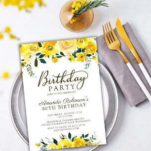 Invitation Élégant Script Rose jaune Floral 80e anniversaire