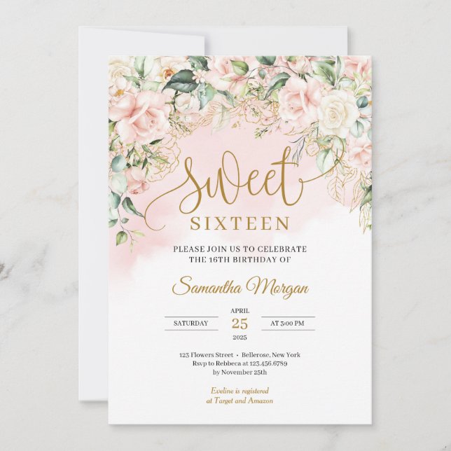 Invitation Élégant script rose pastel roses sweet sixteen (Devant)
