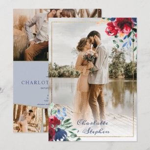 Invitation Élégant script rouge floral bleu 5 photos mariage