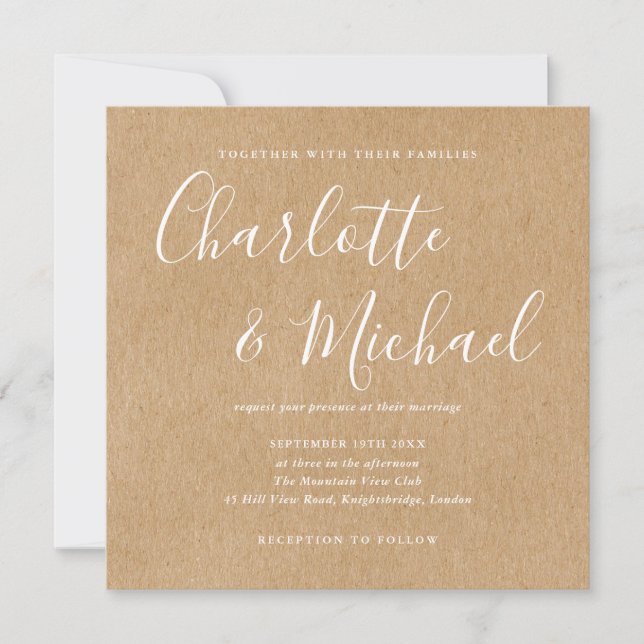 Invitation Élégant script signature Mariage Rustic Kraft (Devant)