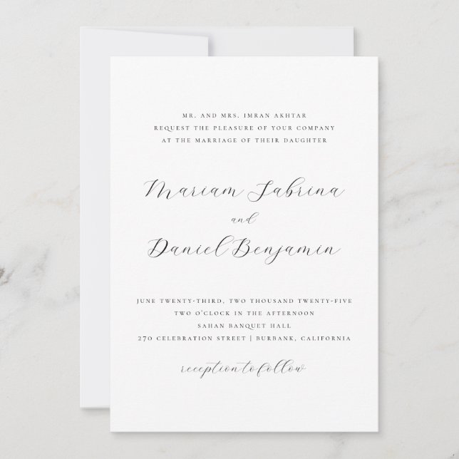 Invitation Élégant Script Simple Mariage noir et blanc (Devant)