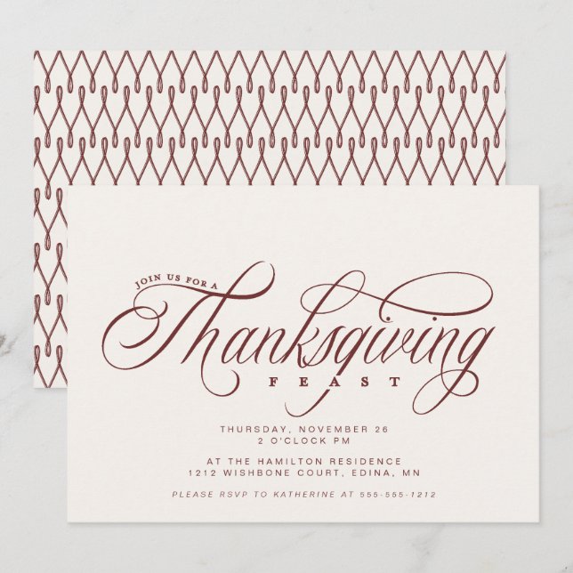 Invitation Élégant Script Thanksgiving Fête dîner (Devant / Derrière)