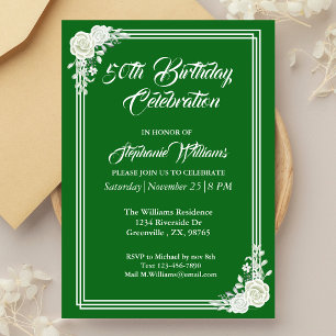 Invitation Élégant Script Vert Rose blanche 50e anniversaire