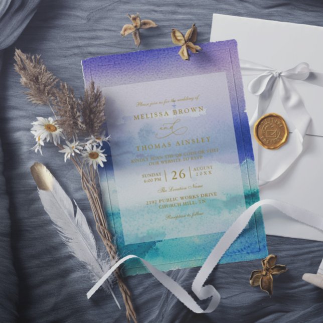 Invitation Elegant Sea Blue Purple Beach QR Code Wedding (Créateur téléchargé)