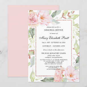 Invitation Élégant service de Mémorial Rose Floral Or