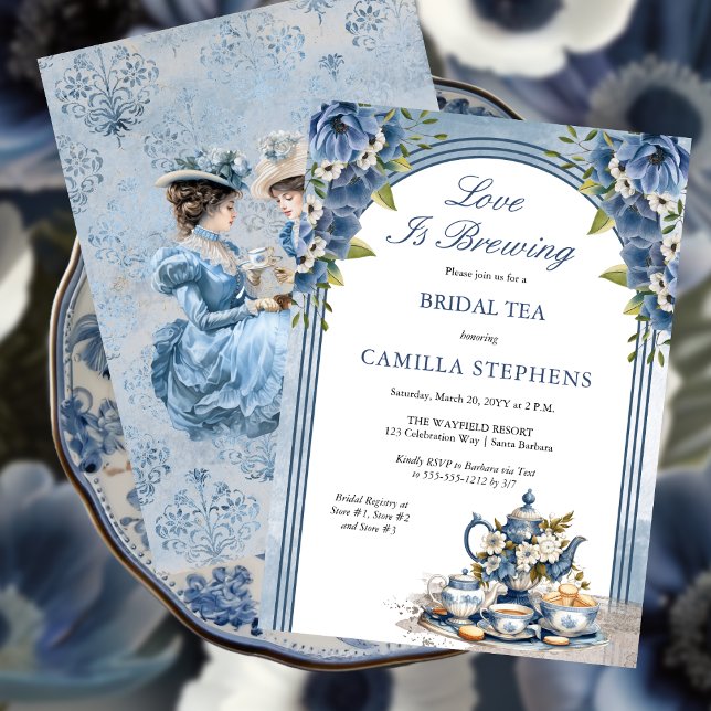 Invitation Elégant Set Floral Tea Set Bridal Tea Douche (Elegant Blue Floral Tea Set Bridal Shower Tea Party Invitation)